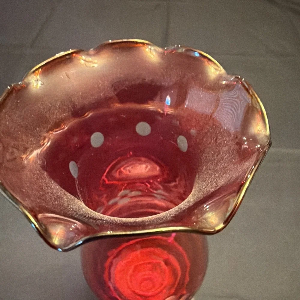 Godinger Red Glass Floral Vase, Scalloped Rim, Etched Design, Silver Base